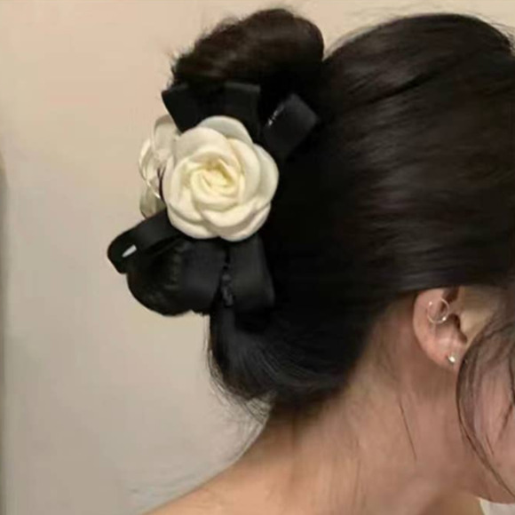 Camellia Flower Hair Clip Black Ribbon Bow Claw Clip 4" Elegant Designer - NEW - Picture 2 of 9